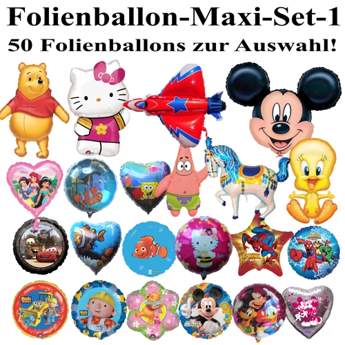 Folienballon Maxi Set 1, 50 Luftballons aus Folie zur Auswahl mit 10 Liter Ballongasflasche