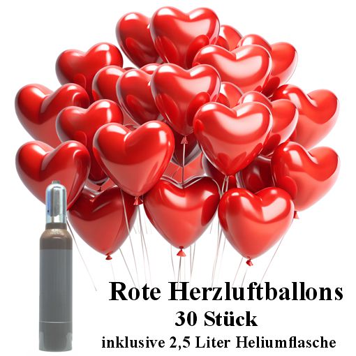 30 rote Herzballons mit 2,5 Liter Helium im Set 30 rote Herzballons mit 2,5 Liter Helium im Set