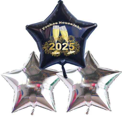 Dekoration-Silvester-2-silberne-Sternballons-1-schwarzer-Sternballon-2025-champagner