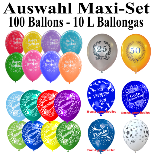 Helium-Set-100 Luftballons-Auswahl-selbst-bestimmen-10-Liter-Ballongasflasche