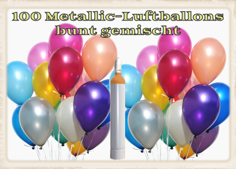 Ballons-Helium-Set-100-Metallic-Luftballons-bunt-gemischt-10-Liter-Ballongas-Helium