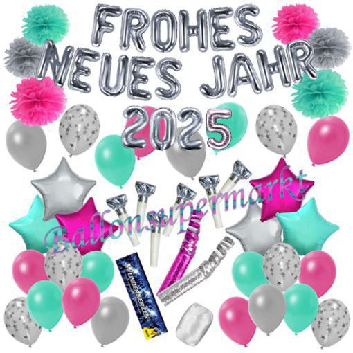 Deko-Set-Frohes-neues-Jahr-2025-Silber-Pink-Tuerkis-54-Teile-Raumdekoration-mit-Luftballons-zu-Silvester-Neujahr-Silvesterdekoration