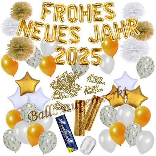 Deko-Set-Frohes-neues-Jahr-2025-Weiss-Gold-49-Teile-Raumdekoration-mit-Luftballons-zu-Silvester-Neujahr-Silvesterdekoration