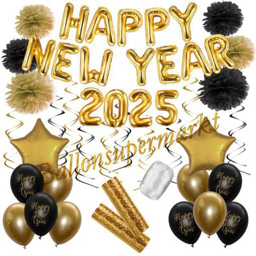 Deko-Set-Happy-New-Year-2025-Gold-Schwarz-32-Teile-Raumdekoration-mit-Luftballons-zu-Silvester-Neujahr-Silvesterdekoration