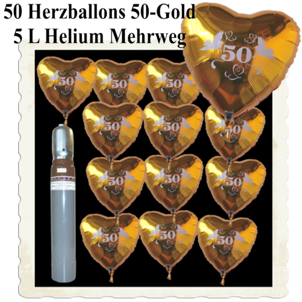Dekoration-Goldene-Hochzeit-50-Herzballons-50-Gold-5-Liter-Ballongas-Helium-Mehrweg
