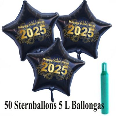 Silvesterdeko 2025 Ballons Helium Set, 50 Sternballons aus Folie, Komplett-Set mit Helium Ballongas