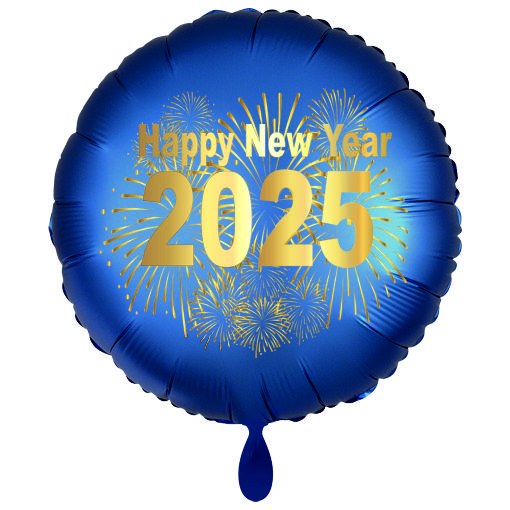 Großer Silvester Luftballon 2025 Feuerwerk, Satin de Luxe, blau, 70 cm