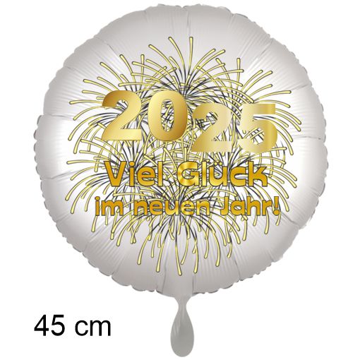 Silvester Luftballon 2025 "Viel Glück im neuen Jahr", Satin de Luxe, weiß, 70 cm