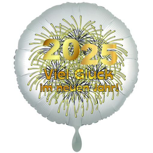 Silvester Luftballon 2025 "Viel Glück im neuen Jahr", Satin de Luxe, weiß, 70 cm