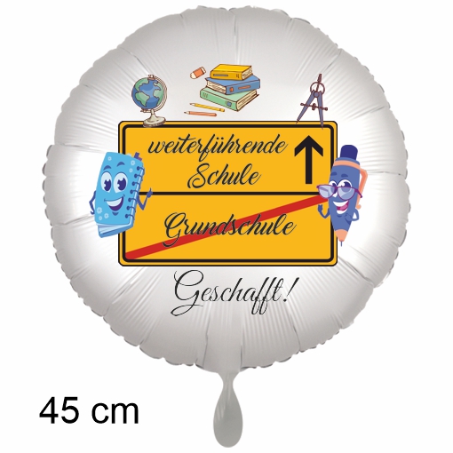 Weiterführende Schule. Geschafft! Rundluftballon satinweiß, 45 cm, mit Helium