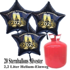 Silvester Helium Einweg Set, 20 schwarze Luftballons aus Folie, Sterne, 2025, Silvester, Frohes Neues Jahr