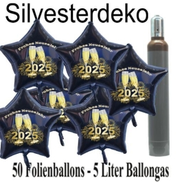 Ballons und Helium Set Silvester, 50 Sternballons 2025 - Champagner und Feuerwerk