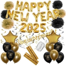 Silvester Dekorations-Set mit Ballons Happy New Year 2025 Black & Gold, 32 Teile