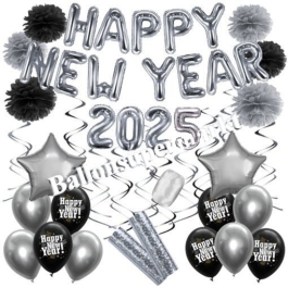 Silvester Dekorations-Set mit Ballons Happy New Year 2025 Black & Silver, 32 Teile