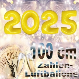 Zahlendekoration Silvester 2025, gelb, 1 m grosse Zahlen, befüllbare Ballons aus Folie