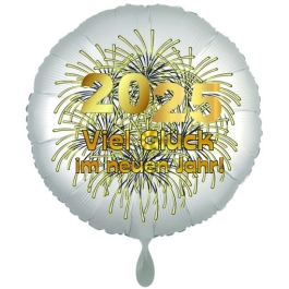 Silvester Luftballon: 2025 Viel Glück im neuen Jahr! Satin de Luxe, weiß, 70 cm