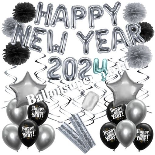 Silvesterdeko-Set mit Luftballons Happy New Year 2024 Black & Silber,  32-teilig