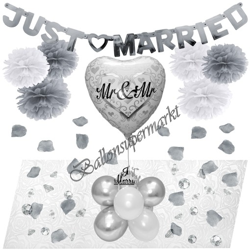 Deko-Set mit Luftballons zur Hochzeit, Mr & Mr Weiß und Silber