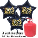 Silvester Dekoration, 20 Luftballons, schwarze Sterne, 2025, mit 2,2 L Helium-Einweg