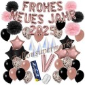 Silvesterdeko-Set mit Luftballons Frohes neues Jahr 2025 Black & Rose Gold, 52-teilig