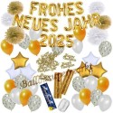 Silvesterdeko-Set mit Luftballons Frohes neues Jahr 2025 White & Gold, 49-teilig