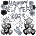 Silvesterdeko-Set mit Luftballons Happy New Year 2025 Black & Silver, 32-teilig