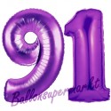 Luftballons aus Folie Zahl 91, Lila, 100 cm mit Helium zum 91. Geburtstag