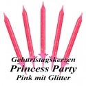 Geburtstagskerzen, 12 Stück, Pink Glitzer, inklusive Kerzenhaltern