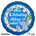 Hurra Schule! Zum 1. Schultag Alles Liebe! 70 cm großer, blauer, runder Luftballon zum Schulanfang, zur Einschulung, inklusive Helium-Ballongas