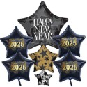 Silvesterdeko Ballon-Bouquet: 1 Cluster-Luftballon Happy New Year und 4 schwarze Sternballons 2025